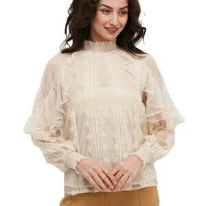 Ultra Pink Brand Romantic High Neck Lace Blouse Womens XL White Ruffle Sheer
